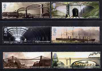 Great Britain 2006 Brunel Birth Bicentenary perf set of 6 unmounted mint SG 2607-12, stamps on , stamps on  stamps on bridges, stamps on  stamps on civil engineering, stamps on  stamps on ships, stamps on  stamps on railways, stamps on  stamps on london