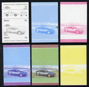 Nevis 1985 75c Porsche (1980) set of 6 imperf progressive colour proofs in se-tenant pairs comprising the 4 basic colours plus blue & magenta and blue, magenta & yellow c..., stamps on cars, stamps on porsche