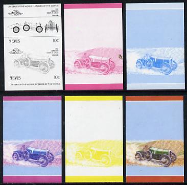 Nevis 1985 10c Sunbeam Coupe (1912) set of 6 imperf progressive colour proofs in se-tenant pairs comprising the 4 basic colours plus blue & magenta and blue, magenta & yellow composites (6 pairs as SG 326a) unmounted mint, stamps on , stamps on  stamps on cars, stamps on sunbeam