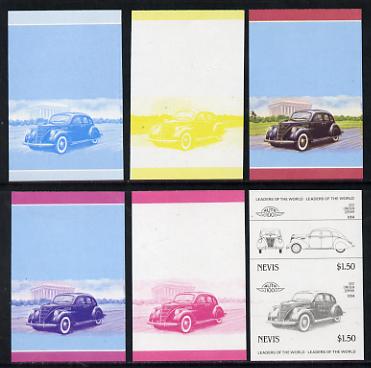 Nevis 1985 $1.50 Lincoln Zephyr (1937) set of 6 imperf progressive colour proofs in se-tenant pairs comprising the 4 basic colours plus blue & magenta and blue, magenta & yellow composites (6 pairs as SG 334a) unmounted mint, stamps on , stamps on  stamps on cars, stamps on lincoln