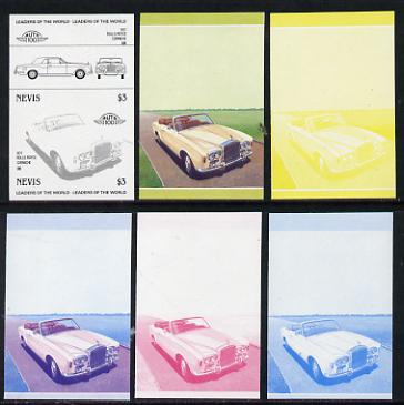 Nevis 1985 $3 Rolls Royce Corniche (1971) set of 6 imperf progressive colour proofs in se-tenant pairs comprising the 4 basic colours plus blue & magenta and blue, magenta & yellow composites (6 pairs as SG 263a) unmounted mint, stamps on , stamps on  stamps on cars, stamps on rolls royce