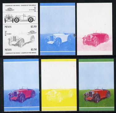 Nevis 1985 $2.50 MG Midget (1930) set of 6 imperf progressive colour proofs in se-tenant pairs comprising the 4 basic colours plus blue & magenta and blue, magenta & yell..., stamps on cars, stamps on  mg , stamps on 