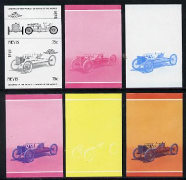 Nevis 1985 75c Ford 999 (1904) set of 6 imperf progressive colour proofs in se-tenant pairs comprising the 4 basic colours plus blue & magenta and blue, magenta & yellow composites (6 pairs as SG 259a) unmounted mint, stamps on , stamps on  stamps on cars, stamps on ford