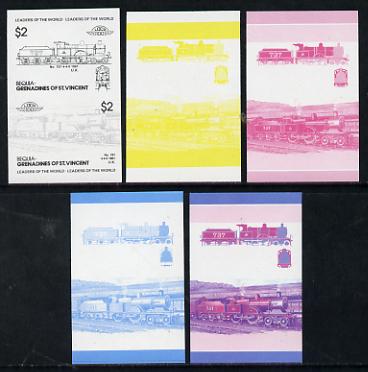 St Vincent - Bequia 1985 Locomotives #3 (Leaders of the World) $2 (4-4-0 Loco 737) set of 5 imperf progressive colour proofs in se-tenant pairs comprising the 4 basic colours plus blue & magenta composite (5 pairs) unmounted mint, stamps on railways