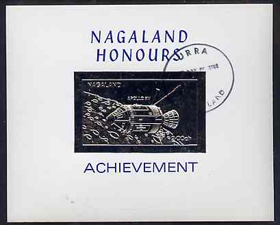 Nagaland 1972 Apollo 15 2ch value embossed in silver on glossy card with first day cancellation (imperf), stamps on , stamps on  stamps on space