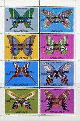 Nagaland 1971 Butterflies (Peacock, Dragontail, Crimson Rose etc) perf  set of 8 values complete opt'd PRE-OLYMPIC GAMES, MUNICH 1972 unmounted mint, stamps on , stamps on  stamps on butterflies     olympics