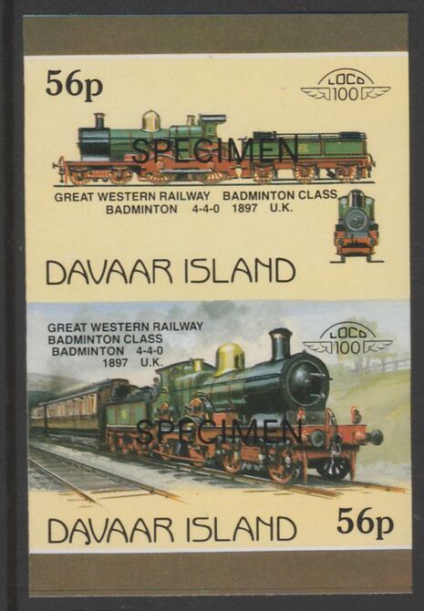 Davaar Island 1983 Locomotives #1 GWR Badminton Class 4-4-0 loco 56p imperf se-tenant pair overprinted SPECIMEN unmounted mint, stamps on , stamps on  stamps on railways