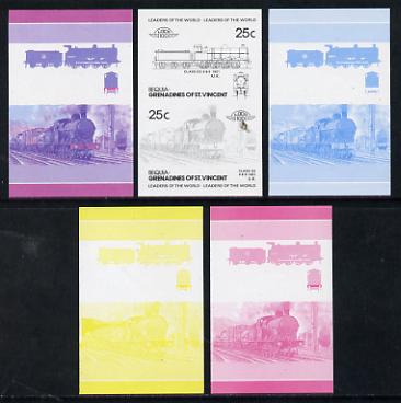 St Vincent - Bequia 1985 Locomotives #3 (Leaders of the World) 25c (0-8-0 Class G2) set of 5 imperf progressive colour proofs in se-tenant pairs comprising the 4 basic colours plus 2-colour composite (5 pairs) unmounted mint, stamps on , stamps on  stamps on railways