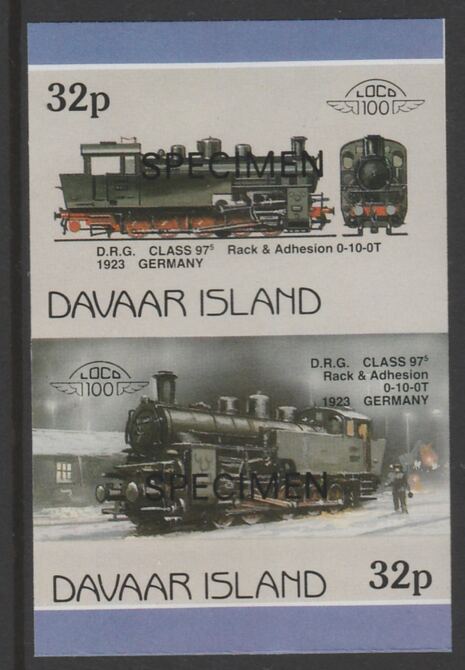 Davaar Island 1983 Locomotives #1 DRG Class 97 0-10-0 loco 32p imperf se-tenant pair overprinted SPECIMEN unmounted mint, stamps on , stamps on  stamps on railways