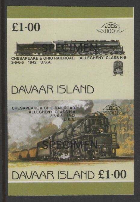 Davaar Island 1983 Locomotives #1 Chesapeake & Ohio Class H8 2-6-6-6 loco £1 imperf se-tenant pair overprinted SPECIMEN unmounted mint, stamps on railways
