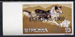 Stroma 1971 Strike Mail - Dogs - Collie imperf 15p on 1s3d overprinted Europa 1969 additionally opt'd  Emergency Strike Post International Mail unmounted mint , stamps on , stamps on  stamps on dogs, stamps on collie, stamps on postal, stamps on cinderella, stamps on strike