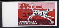 Stroma 1971 Strike Mail - Dogs - Dalmation imperf 5p on 5d overprinted Europa 1969 additionally optd  Emergency Strike Post International Mail unmounted mint , stamps on dogs, stamps on dalmation, stamps on postal, stamps on cinderella, stamps on strike, stamps on europa