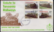 Tanzania 1985 Locomotives perf set of 4 with Caribbean Royal Visit 1985 opt in gold on cover with first day cancel, stamps on railways, stamps on royalty, stamps on royal visit