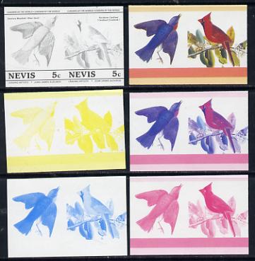 Nevis 1985 Bluebird & Cardinal (John Audubon 5c) set of 6 imperf progressive colour proofs in se-tenant pairs comprising the 4 basic colours plus magenta & blue and magenta, blue & yellow composites (as SG 269a) unmounted mint, stamps on audubon, stamps on birds, stamps on 