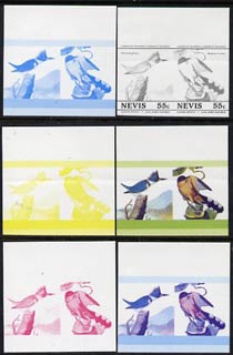 Nevis 1985 Kingfisher & Cuckoo (John Audubon 55c) set of 6 imperf progressive colour proofs in se-tenant pairs comprising the 4 basic colours plus magenta & blue and magenta, blue & yellow composites (as SG 271a) unmounted mint, stamps on audubon, stamps on birds, stamps on kingfisher