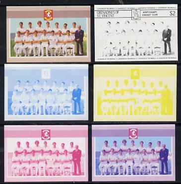 St Vincent - Grenadines 1985 Cricketers #3 - $2 Kent Team - set of 6 imperf progressive colour proofs comprising the 4 basic colours plus blue & magenta and blue, magenta..., stamps on cricket  sport