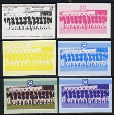 St Vincent - Grenadines 1985 Cricketers #3 - $2 Yorkshire Team - set of 6 imperf progressive colour proofs comprising the 4 basic colours plus blue & magenta and blue, magenta & yellow composites unmounted mint (as SG 369), stamps on cricket, stamps on sport
