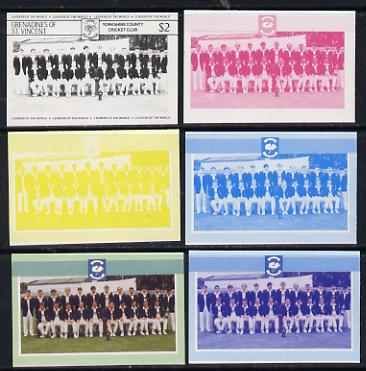 St Vincent - Grenadines 1985 Cricketers #3 - $2 Yorkshire Team - set of 6 imperf progressive colour proofs comprising the 4 basic colours plus blue & magenta and blue, ma..., stamps on cricket  sport