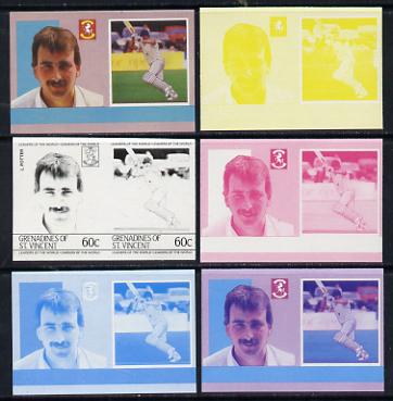 St Vincent - Grenadines 1985 Cricketers #3 - 60c L Potter - set of 6 imperf progressive colour proofs in se-tenant pairs comprising the 4 basic colours plus blue & magenta and blue, magenta & yellow composites unmounted mint (as SG 366a), stamps on cricket, stamps on sport