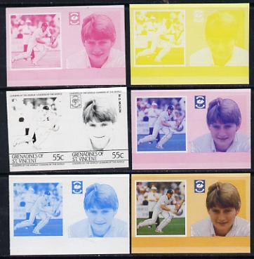 St Vincent - Grenadines 1985 Cricketers #3 - 55c M D Moxon - set of 6 imperf progressive colour proofs in se-tenant pairs comprising the 4 basic colours plus blue & magenta and blue, magenta & yellow composites unmounted mint (as SG 364a), stamps on cricket, stamps on sport