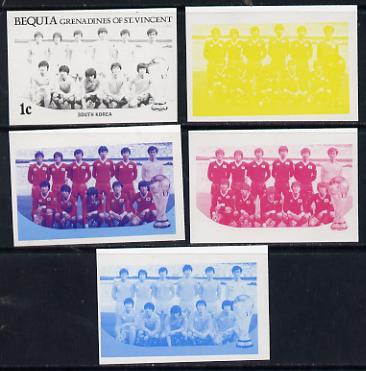 St Vincent - Bequia 1986 World Cup Football 1c (S Korean Team) set of 5 imperf progressive colour proofs comprising the 4 basic colours plus blue & magenta composite unmounted mint, stamps on , stamps on  stamps on football, stamps on sport