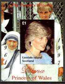 Easdale 1997 Diana, The People's Princess perf souvenir sheet #1 (£1 value Mother Teresa in background) unmounted mint, stamps on royalty     diana    personalities         nobel