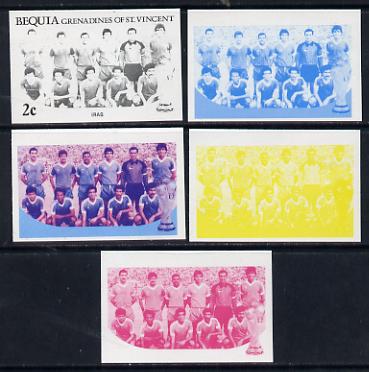 St Vincent - Bequia 1986 World Cup Football 2c (Iraqi Team) set of 5 imperf progressive colour proofs comprising the 4 basic colours plus blue & magenta composite unmounted mint, stamps on , stamps on  stamps on football  sport