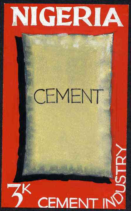 Nigeria - Original artwork essay probably intended for the 1973-74 definitive issue symbolically showing the Cement industry (3k value) by unknown artist 5 x 8 on card, stamps on industry, stamps on , stamps on cement
