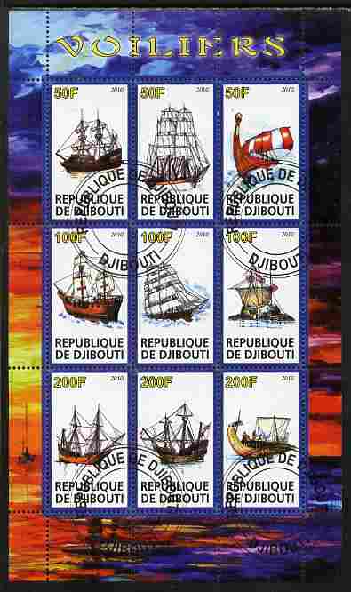 Djibouti 2010 Sailing Ships perf sheetlet containing 9 values fine cto used, stamps on ships