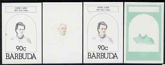 Barbuda 1981 Marie Curie 90c set of 4 imperf progressive colour proofs comprising 3 single colours plus 2-colour composite (as SG 547) unmounted mint, stamps on , stamps on  stamps on medical, stamps on personalities, stamps on nobel, stamps on physics, stamps on women, stamps on x-rays, stamps on  stamps on chemist