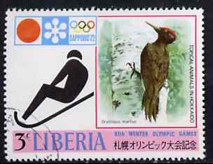 Liberia 1972 Woodpecker & Tobogganing 3c from Sapporo Olympic Games set fine cto used, SG 1091, stamps on woodpecker
