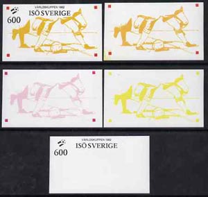 Iso - Sweden 1982 Football World Cup imperf souvenir sheet (600 value) set of 5 progressive colour proofs comprising the 3 individual colours, 2-colour and all 3-colour composites unmounted mint, stamps on football, stamps on  iso , stamps on , stamps on sport