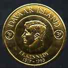 Davaar Island 1965 J F Kennedy 3d coin shaped in gold foil with background colour (green) omitted unmounted mint (as Rosen D33), stamps on kennedy, stamps on personalities