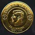 Davaar Island 1965 J F Kennedy 9d coin shaped in gold foil with background colour (black) omitted unmounted mint (as Rosen D35), stamps on kennedy, stamps on personalities