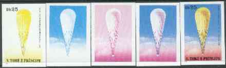 St Thomas & Prince Islands 1980 Balloons 25Db (Prof Piccard) set of 5 imperf progressive proofs comprising blue and magenta single colours, blue & magenta and black & yellow composites plus all four colours unmounted mint, stamps on aviation, stamps on balloons