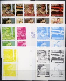 Oman 1982 Royal Baby opt on Royal Wedding imperf sheetlet containing set of 4 values, the set of 10 imperf progressive colour proofs comprising single colours and various colour combinations incl completed design (40 proofs) unmounted mint, stamps on charles, stamps on diana, stamps on royalty, stamps on william