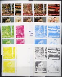 Oman 1982 Royal Baby opt on Royal Wedding imperf sheetlet containing set of 4 values, the set of 10 imperf progressive colour proofs comprising single colours and various..., stamps on charles, stamps on diana, stamps on royalty, stamps on william