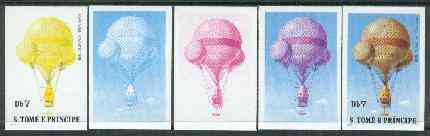 St Thomas & Prince Islands 1980 Balloons 7Db (John Wise) set of 5 imperf progressive proofs comprising blue and magenta single colours, blue & magenta and black & yellow composites plus all four colours unmounted mint, stamps on aviation    balloons