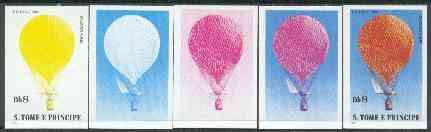 St Thomas & Prince Islands 1980 Balloons 8Db (Anrée's Eagle) set of 5 imperf progressive proofs comprising blue and magenta single colours, blue & magenta and black & yellow composites plus all four colours unmounted mint, stamps on aviation, stamps on balloons