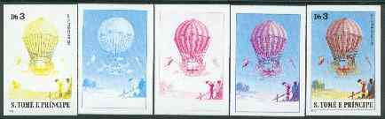 St Thomas & Prince Islands 1980 Balloons 3Db (Von Lütgendorf) set of 5 imperf progressive proofs comprising blue and magenta single colours, blue & magenta and black & yellow composites plus all four colours unmounted mint, stamps on aviation, stamps on balloons