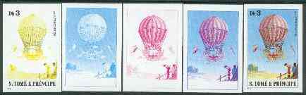 St Thomas & Prince Islands 1980 Balloons 3Db (Von L9Ftgendorf) set of 5 imperf progressive proofs comprising blue and magenta single colours, blue & magenta and black & yellow composites plus all four colours unmounted mint, stamps on , stamps on  stamps on aviation    balloons