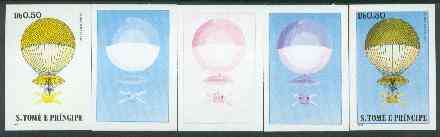 St Thomas & Prince Islands 1980 Balloons 0.5Db (Blanchard) set of 5 imperf progressive proofs comprising blue and magenta single colours, blue & magenta and black & yellow composites plus all four colours unmounted mint, stamps on aviation, stamps on balloons