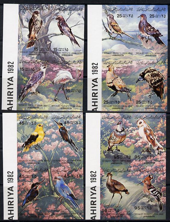 Libya 1982 Birds imperf set of 16 (4 x se-tenant blocks of 4) unmounted mint SG 1190-1205, stamps on , stamps on  stamps on birds, stamps on falcon, stamps on swift, stamps on birds of prey, stamps on flaming, stamps on whitethroat, stamps on dove, stamps on owls, stamps on sand grouse, stamps on vulture, stamps on oriole, stamps on bee eater    kingfisher, stamps on roller, stamps on partridge, stamps on courser, stamps on hoopoe