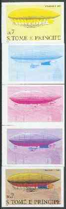 St Thomas & Prince Islands 1980 Airships 7Db (Willows II) set of 5 imperf progressive proofs comprising blue and magenta single colours, blue & magenta and black & yellow composites plus all four colours unmounted mint, stamps on , stamps on  stamps on aviation, stamps on  stamps on airships