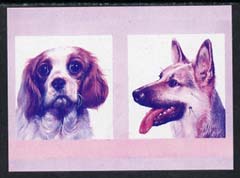 St Vincent - Bequia 1985 Dogs (Leaders of the World) 55c (King Charles & GSD) imperf se-tenant proof pair in magenta & blue only unmounted mint, stamps on dogs          king-charles spaniel, stamps on  gsd , stamps on animals    