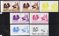 St Vincent - Bequia 1985 Dogs (Leaders of the World) 55c (King Charles & GSD) set of 7 imperf se-tenant progressive proof pairs comprising the 4 individual colours, plus 2, 3 and all 4-colour composites, unmounted mint, stamps on , stamps on  stamps on dogs          king-charles spaniel, stamps on  stamps on  gsd , stamps on  stamps on animals    