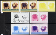 St Vincent - Bequia 1985 Dogs (Leaders of the Wo unmounted mintrld) $2 (Pekinese & Golden Retriever) set of 7 imperf se-tenant progressive proof pairs comprising the 4 individual colours, plus 2, 3 and all 4-colour composites, stamps on , stamps on  stamps on dogs       pekingese    retriever      animals    