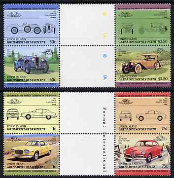 St Vincent - Union Island 1985 Cars #1 (Leaders of the World) set of 8 in se-tenant gutter pairs (folded through gutters or perfs) from uncut archive proof sheet unmounted mint, stamps on cars    locomobile     alfa     allard    lancia