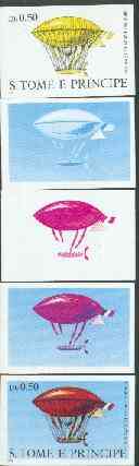 St Thomas & Prince Islands 1980 Airships 0.5Db (De Lôme) set of 5 imperf progressive proofs comprising blue and magenta single colours, blue & magenta and black & yellow composites plus all four colours unmounted mint, stamps on aviation, stamps on airships