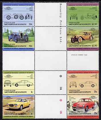 St Vincent - Union Island 1985 Cars #1 (Leaders of the World) set of 8 in se-tenant cross-gutter block (folded through gutters or perfs) from uncut archive proof sheet, s...